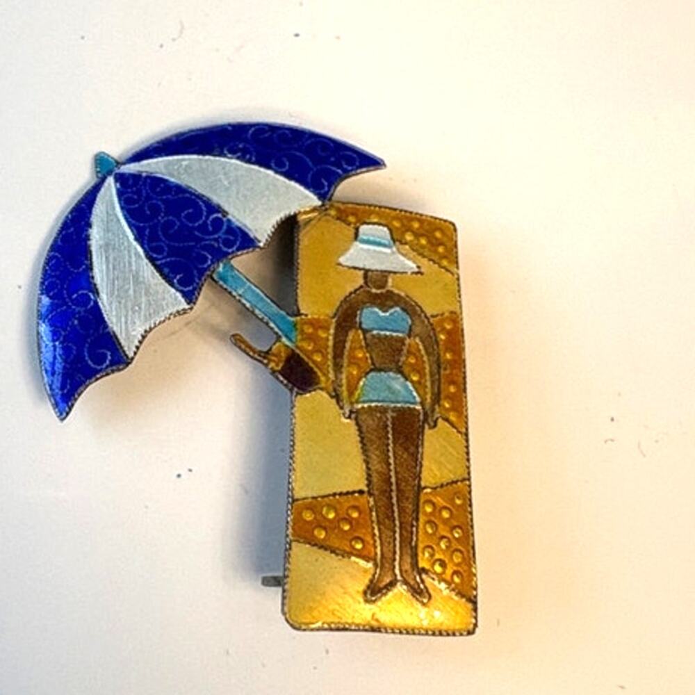 Zarah Enamel 925 Beach Girl Brooch Umbrella Sunbathing Vintage Sterling